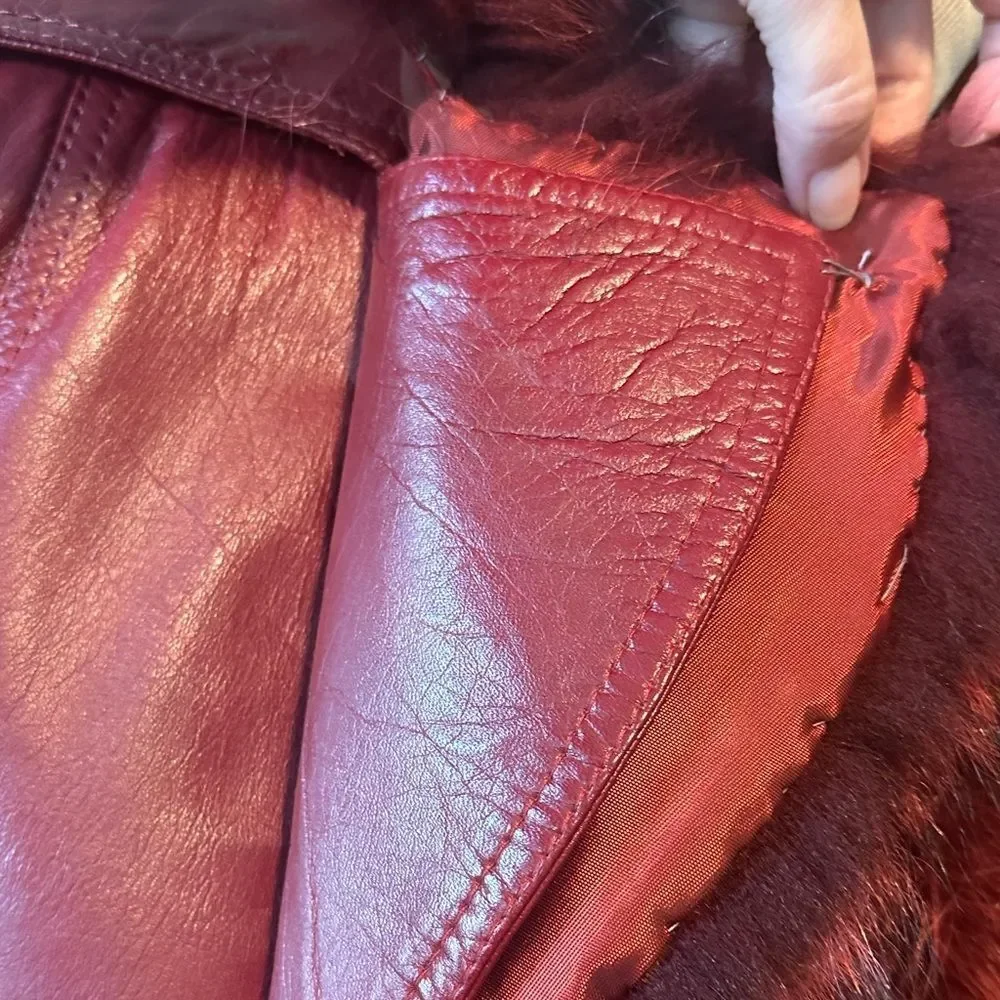 Vintage 1-of-a-Kind Burgundy-Red Leather Jacket with Ombré Collar - Picture 9 of 13